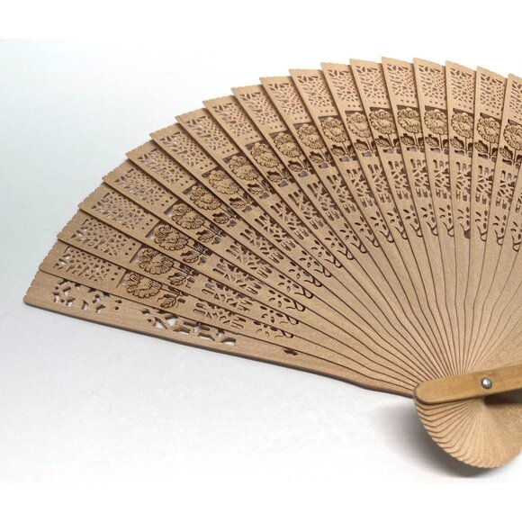 Vintage Handheld Wooden Folding Fan Die Cut Intricate Floral Design Blue Tassel - Picture 4 of 8